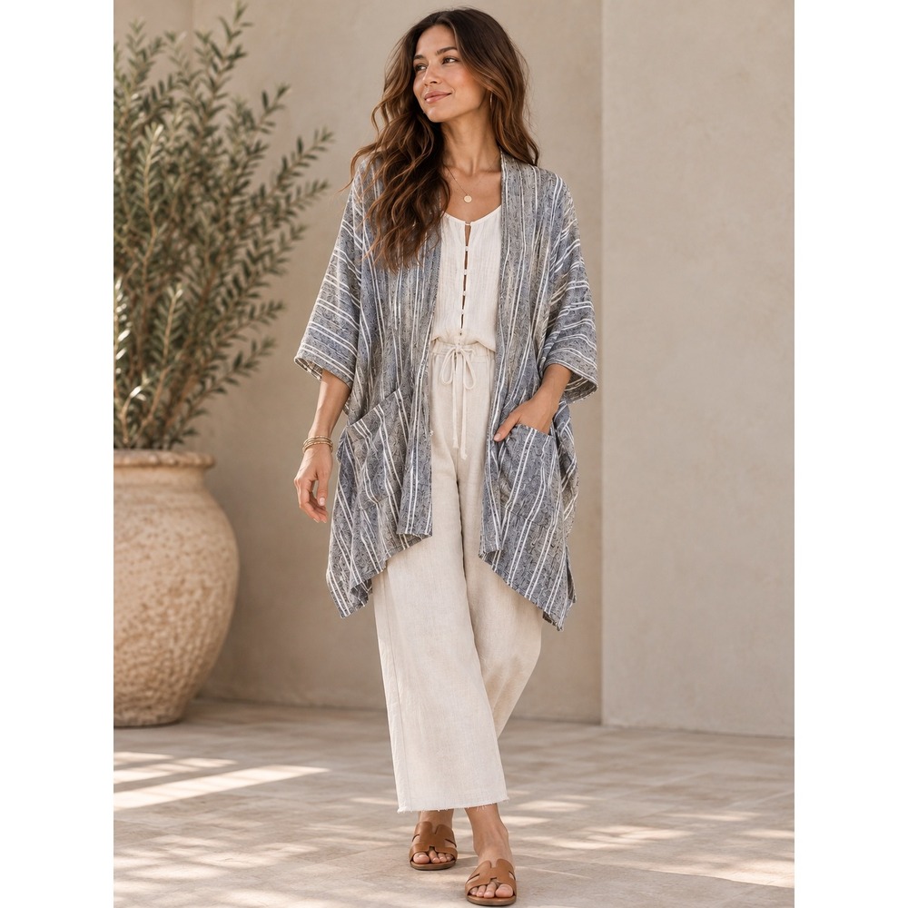 Saturday Sunday Anthropologie Barlia Open Front Kimono Cardigan Grey White OS